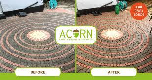 Dirty block paved area before being cleaned and image when it had been cleaned