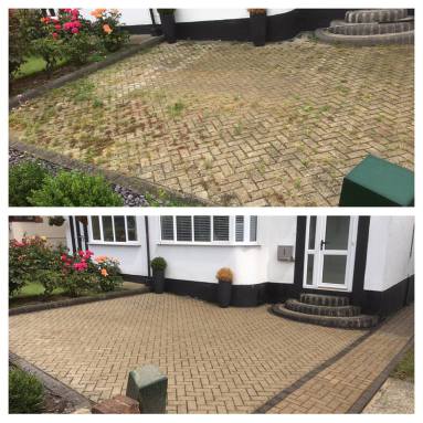Two images joined together of paved area, one before and the second after being jet washed